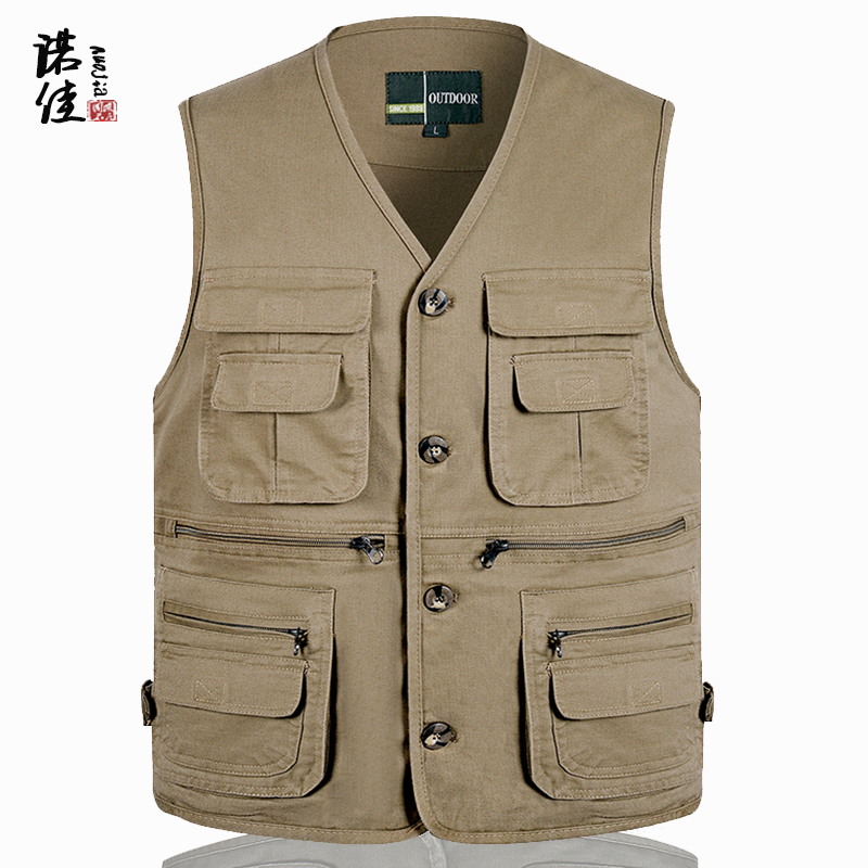 Dad's vest, spring and autumn pure cotton camisole, middle-aged and elderly men's multi pocket work clothes, casual vest, outdoor fishing vest
