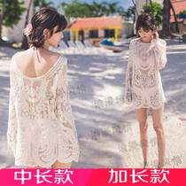 Seaside beach vacation long-sleeved lace openwork bikini swimsuit blouse womens long loose pullover sunscreen