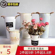 Iron Sheet Flowers Barrel Retro Awakening Flowers Barrel Home Flowers Bucket Floral Parlor Livingroom Decoration Nordic Creative Flower Arrangement Bottle Dried Flower Casks