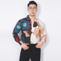 Kawasawa mens printed splicing linen shirt new Korean version Body Fashion Long Sleeve Shirt Casual Collision Color Blouse