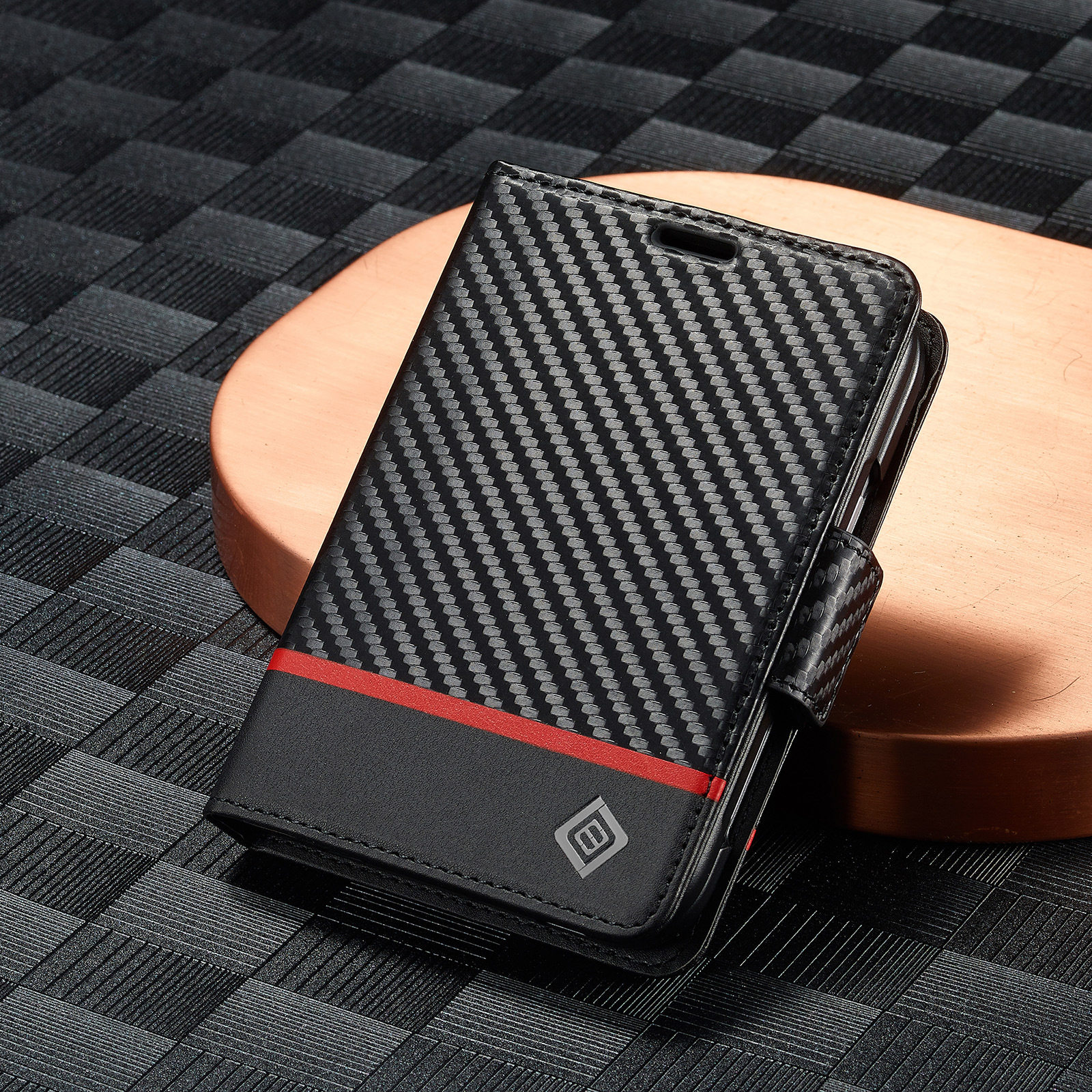 Carbon Fiber Color Block Flip Card Stand iPhone Case