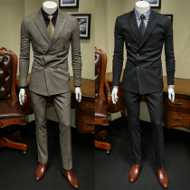 136524 European and American double-breasted stripe wedding suit mens suit groom slim Korean version of British style personality trend