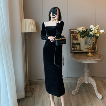 French retro temperament Hepburn style small black skirt slim slim slim hips black velvet dress long skirt autumn dress woman