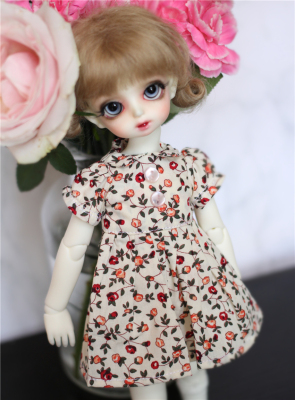 taobao agent Doll, clothing, beige dress, retro skirt, scale 1:6, floral print