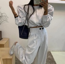 Short bubble sleeve sleeve head solid color sweater high waist loose wide leg pants fashion casual Korean spring two-piece set