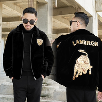 New mens imitation fur golden mink jacket golden cow embroidery lapel short slim body thickening fur one Tide brand