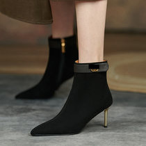 Givenivan European and American romantic ~ temperament pointed sheep Jingjing high heel boots elegant and naked boots leather thin heel 6cm
