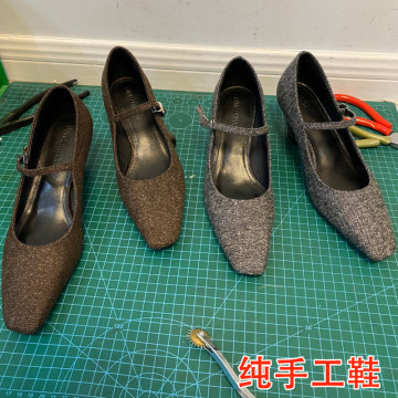 斜纹布复古知性高跟鞋女一字带扣真皮浅口玛丽珍鞋方头新款单鞋女