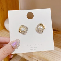  925 silver needle geometric diamond-encrusted square pearl earring Korean net celebrity fashion design sense simple earrings earrings female