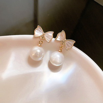 Real Gold plating 925 silver pin earrings female Korea East Gate pearl shell bow bow earring design feel ear ornaments