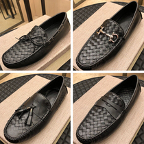 European Station Business Cowhide Weaving Leisure Bean Shoes Men Leather Lazy Pedal Pedal Driving Shoes trendy shoes