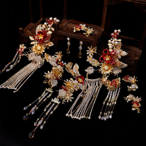 Age-reduced new red classical Chinese tassel suit Xiuhe jewelry wedding with makeup dragon and phoenix coat out of the cabinet clothing hair accessories