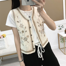 Retro Nail Pearl Flowers V Collar Vest Waistcoat Horse Chia Women Spring Summer 2022 New Loose short Outer lap waistcoat jacket