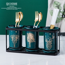  Nordic light luxury dark green ceramic chopstick holder Large capacity three-cylinder drain chopstick holder Chopstick cage Knife fork spoon and chopstick storage box