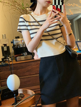 NEKODIARY 22SS -- Farifaqi-style striped round collar short sashimi with short sleeve needles T-shirt