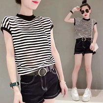 Europe station 2021 new Korean version short-sleeved T-shirt ice silk sweater womens high collar stand-up collar striped round neck base shirt