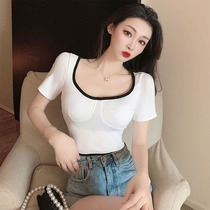 The owner recommends fried chicken beautiful 2021 new fashion design sense contrast color square collar slim thin short-sleeved T-shirt