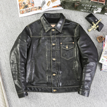 New oil wax horse skin leather coat mens lapel jacket short slim motorcycle suit spring and autumn denim leather jacket
