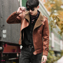 Plus velvet padded leather jacket mens leather wool one suede lamb fur jacket winter Korean locomotive short coat tide