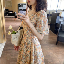 Sandro Moscoloni Bubble sleeve small daisy Floral dress Female summer French retro over-the-knee skirt