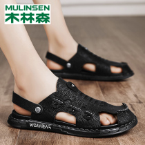 Wood Linson Sandals Sandals Mens Surge Genuine Leather Baotou shoes Dual-use casual men Driving beach cool slippers
