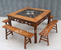 Hot pot restaurant retro marble gas stove induction cooker cabinet type smokeless four-legged solid wood hot pot table and chair combination