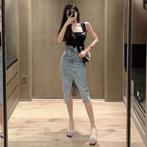 Denim skirt womens thin 2021 summer new sexy split high waist thin irregular hip mid-length dress
