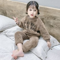 Childrens coral velvet pajamas set Winter thickened baby baby female plus velvet flannel home clothing two-piece set