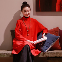 Buddha Xiaoyuan autumn and winter woolen coat Zen tea clothing female retro Chinese style womens Chinese buckle top size