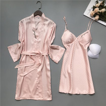 Vidense Sexy Embroidery Deep V Harnesses Chest Cushion Real Silk Pyjamas Woman Spring Autumn New Long Sleeves Pyjamas Two Suits