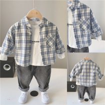 Autumn new boys blue plaid long-sleeved shirt 2021 spring and autumn childrens shirts childrens baby top jacket