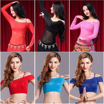 Flying charm belly dance practice suit 2021 new top long-sleeved hot diamond adult spring and summer performance mesh top for women
