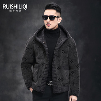 2021 Winter new cashmere mens fur coat one-piece short hooded jacket Haining fur coat tide