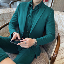 Dark green Korean version of the suit male Korean version of the trend youth a set of casual suit shirt three-piece shaking anchor tide