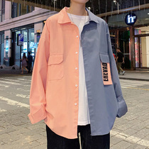 Color-matching long-sleeved shirt Mens spring and autumn trend all-match ruffian handsome inch shirt Hong Kong style Japanese plus size loose shirt jacket