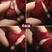 Tiger years C KioD K sexy lace triangle briefs female fire hot and transparent European and American wine red pure cotton this life Tiny pants