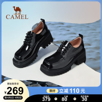 Camel women shoes 2022 Spring new genuine leather square head lacing casual coarse heel thick bottom single shoes female jk small leather shoes