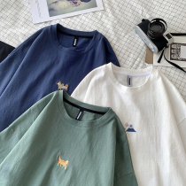 @Fangshao mens summer Hong Kong style solid color embroidered T-shirt Mens youth wild casual loose couple half sleeve T-shirt tide