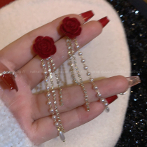 Camellia tassel earrings ~ red velvet long earrings rose 2023 new high-end pearl earrings