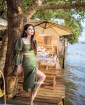 21SS Vietnam niche Vintage Pleated Linen Bubble Sleeve Square Collar Shirt Slit Skirt Suit