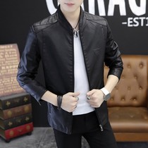 Motorcycle leather mens leather Spring and Autumn New Korean trend handsome mens short casual stand collar jacket py