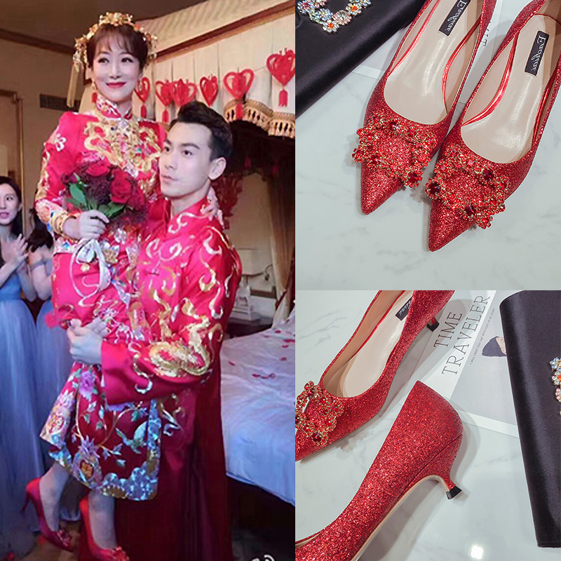 Bride's Shoes Red, Bride's Shoes, Bride's Shoes, Bride's Shoes, Fashion Women's Low-heeled Single Shoes, Cut-button Wedding Shoes
