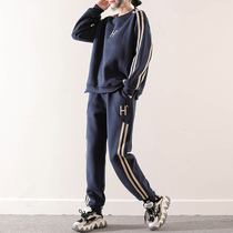 Huangsen winter pullover sweater women's casual two-piece loose large size plus velvet padded stripe sports warm suit