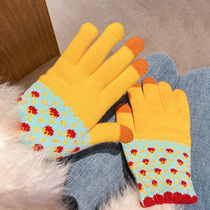 Korean gloves female winter ins students cute color knit gloves plus velvet thickened warm and cold touch screen