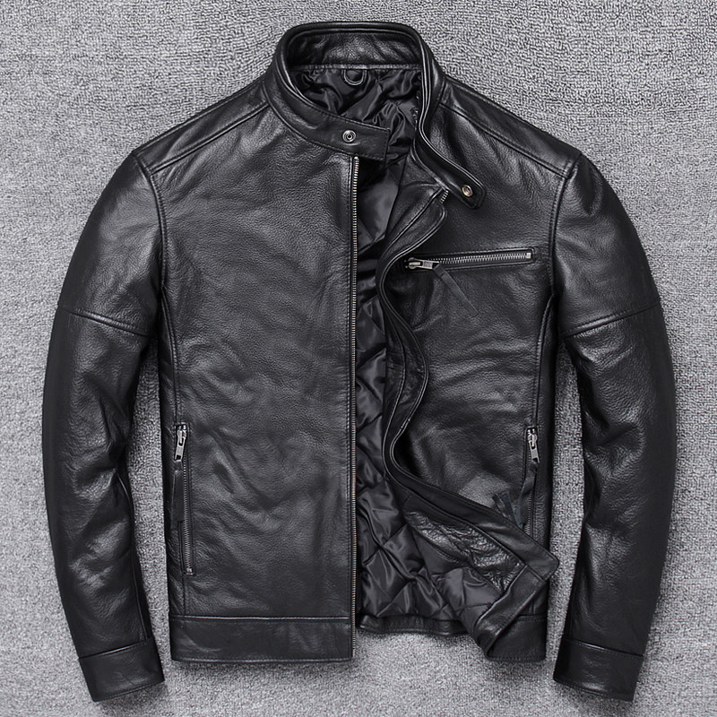 Special benefits pick up leakage leather leather mens motorcycle jacket stand collar slim head layer cowhide plus cotton fashion jacket
