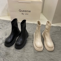 ITSK thick-soled Martin boots female English white leather boots Spring and autumn single boots