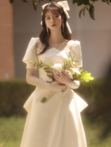 French light wedding dress 2021 new bridal temperament simple princess style satin trailing small wedding dress