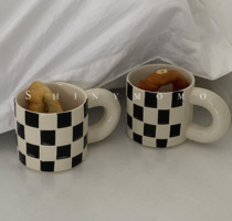 Shinymomo Korean ins blogger checkerboard hand-painted ceramic mug mosaic niche lattice Cup