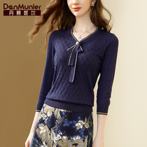 Danmundanil wool knit undershirt woman long sleeve 2022 spring autumn new bright silk sashimi v collar butterfly knot blouse