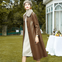 Calaman mink fur collar fur coat women 2021 Winter New loose long leather leather